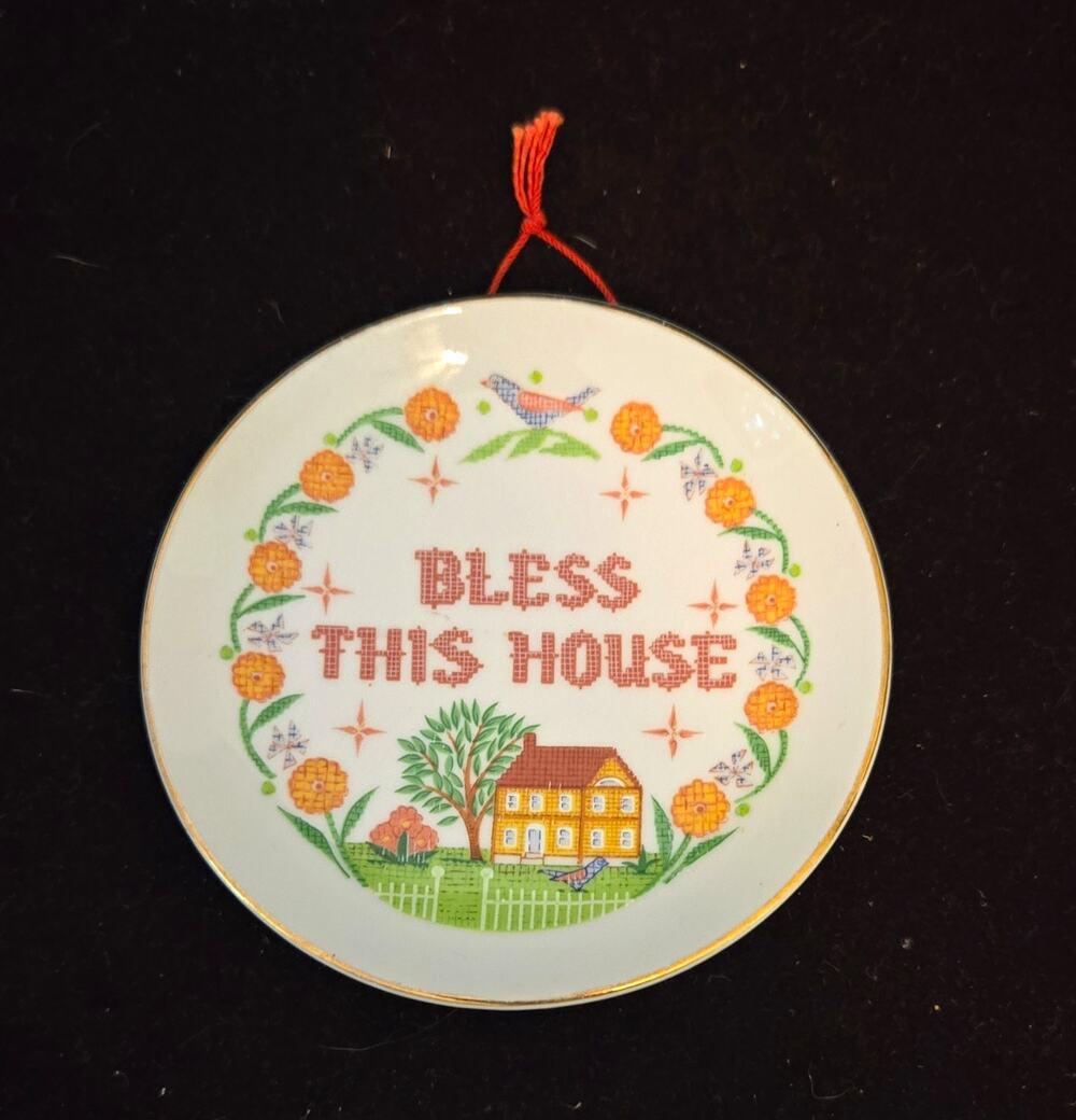 Country Stitchery "Bless This House" 24K Gold Edged Porcelain Plate Japan 4"